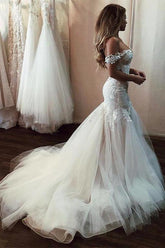 Off the Shoulder Mermaid Lace Long Tulle Wedding Dress