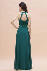 Long Wide Straps A-Line Halter Chiffon Wedding Guest Dresses