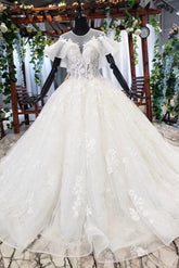 Gorgeous Ball Gown Long Tulle Lace Wedding Dress with Sleeves