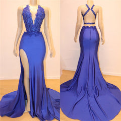 Long V-neck Mermaid Satin Open Back Prom Dresses with Side Slit