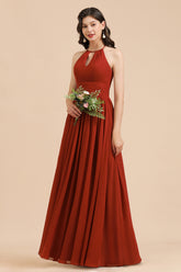 Long Halter A-line Pleated Chiffon Bridesmaid Dress