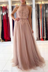 Stunning Long A-line Halter Tulle Formal Prom Dress with Lace Appliques