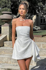 A-line Strapless Jacquard Satin Asymmetrical Lace up Sleeveless Short Homecoming Dress