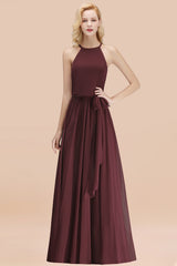 Modest Long A-line Halter Chiffon Bow Cabenet Bridesmaid Dresses