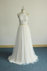 Elegant Long Halter Lace Tulle A-line Wedding Dress