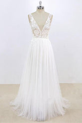 Long Deep V-neck Lace A-line Tulle Wedding Dress