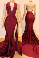 Sexy Long Mermaid V-neck Backless Open Back Burgundy Prom Dresses with Slit