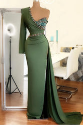 Elegant One Shoulder Long Sleeve Floor Length Mermaid Prom Dress With Split
