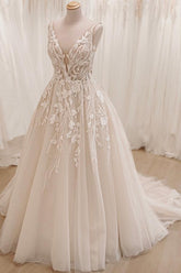 Long V-Neck Backless Tulle Appliques Lace A-Line Wedding Dresses with Ruffles