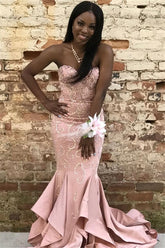 Long Strapless Appliques Lace Satin Mermaid Prom Dress