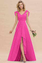 Simple High Low A-line V-Neck Ruffles Chiffon Fuchsia Bridesmaid Dress