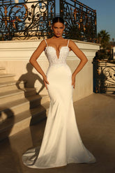 Elegant Long Mermaid Spaghetti Straps Lace Satin Wedding Dresses