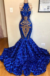 Royal Blue Long Halter Sleeveless Flowers Mermaid Prom Dresses