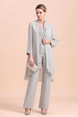 Glamorous Appliques Sleeveless Silver Chiffon Mother of Bride Jumpsuit With Wrap