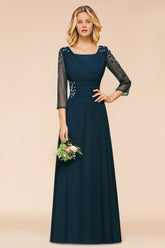 Vintage Long Sleeve Bateau A-line Chiffon Bridesmaid Dress With Crystal Embellishment