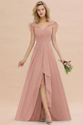 Simple High Low A-line V-Neck Ruffles Chiffon Dusty Rose Bridesmaid Dress