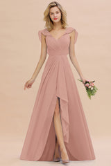 Simple High Low A-line V-Neck Ruffles Chiffon Dusty Rose Bridesmaid Dress