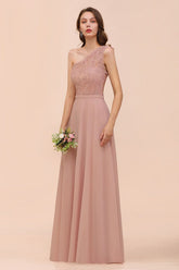 Classy One Shoulder Appliques Lace Floor Length A-Line Chiffon Bridesmaid Dress
