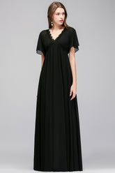 A-line Chiffon V-Neck Short Sleeves Floor Length Bridesmaid Dresses