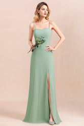 Romantic Sage Long Spaghetti Straps A-Line Chiffon Bridesmaid Dress With Side Slit