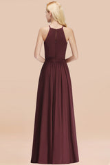 Modest Long A-line Halter Chiffon Bow Cabenet Bridesmaid Dresses