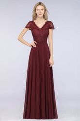 A-Line Chiffon Lace V-Neck Cap-Sleeves Floor Length Bridesmaid Dress