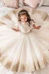 Long Scoop Neck Short Sleeves Ball Gown Flower Girl Dress