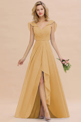 Simple High Low A-line V-Neck Ruffles Chiffon Gold Bridesmaid Dress