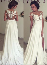 Elegant Long A-Line Chiffon Appliques Lace Ruffles Wedding Dress With Side Slit