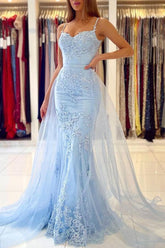 Long Mermaid Spaghetti Straps Prom Dress with Appliques Lace