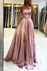Simple Long A-line Satin Spaghetti Straps Backless Prom Dress with Slit