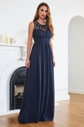 Long A-line Crew Neck Chiffon Floor Length Sleeveless Formal Evening Dress