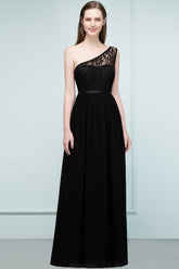 A-line One Shoulder Floor Length Lace Chiffon Bridesmaid Dresses with Sash