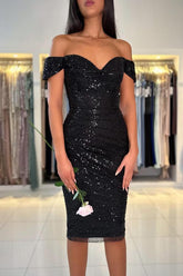 Black Short Mermaid Off the Shoulder Sequined Formal Party Dresses