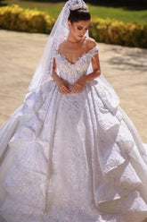 Gorgeous Long Ball Gown Off the shoulder Lace White Wedding Dresses