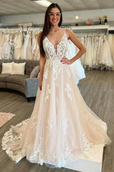 Elegant Long A-line V-neck Tulle Lace Backless Wedding Dresses