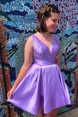A-Line V-Neck Short Satin Homecoming Dress