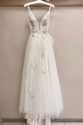 A-line Tulle V Neck Lace Applique Long Wedding Dress
