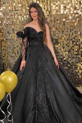 Black Long Ball Gown Sweetheart Satin Lace Wedding Dress with Sleeves