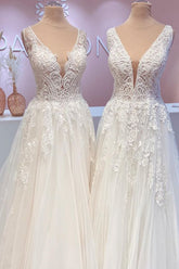 Long Wide Straps Open Back A-Line Tulle Appliques Lace Train Wedding Dress