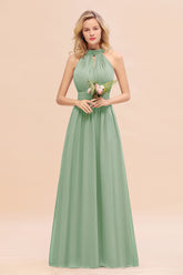 Dusty Sage Long High Neck Chiffon Bridesmaid Dresses with Ruffle