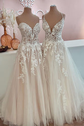 Long Tulle Lace Appliques A-Line Backless Floor Length Wedding Dress
