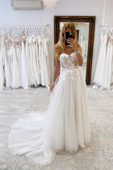 Charming Long Strapless Chapel Train Garden Sleeveless A-line Tulle Wedding Dress