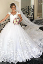 Elegant Long A-line Princess Tulle Lace Wedding Dress with Cap Sleeves