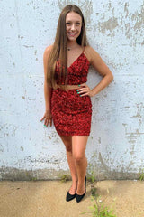 Two Piece Mermaid Sequins V-neck Short Homecoming Dress