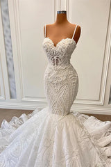 Spaghetti Straps Sweetheart Sleeveless Mermaid Lace Wedding Dresses
