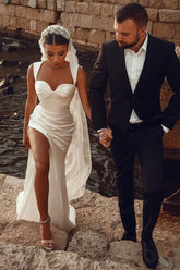 Elegant Long Mermaid Sweetheart Satin Wedding Dress with Slit