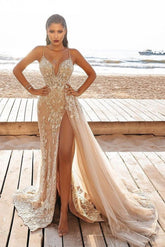 Long V-neck Spaghetti Straps Appliques Lace Tulle Split Mermaid Prom Dress