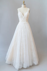 Long A-line V-neck Backless Appliques Tulle Chapel Train Wedding Dress