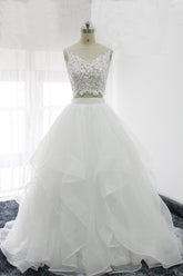 Elegant White Tulle Ball Gown Two Pieces Long Wedding Dress